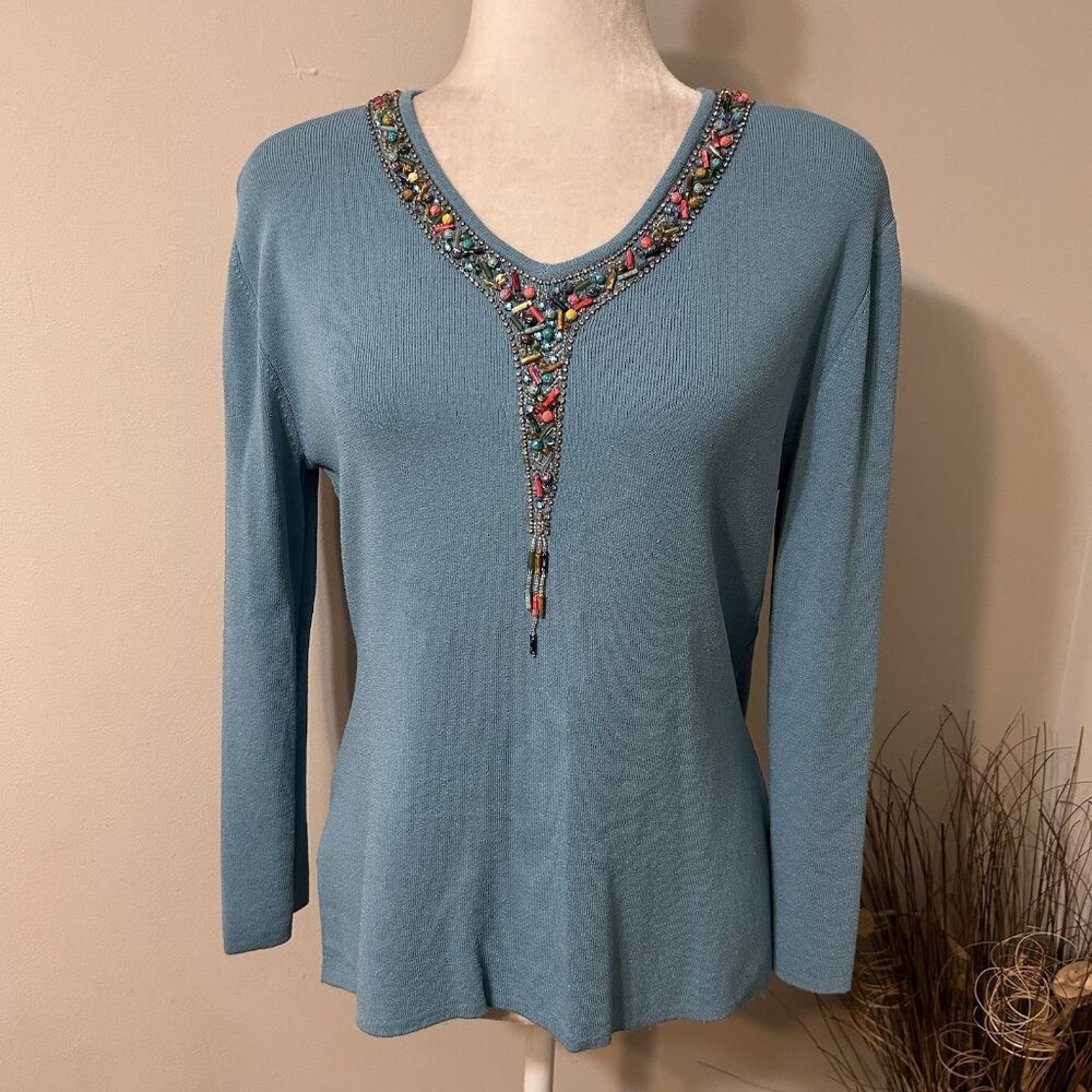 Vtg 80s GARDY Women Beaded V-Neck  Turquoise Sweater 3/4 Sleeve Stretch Sz S